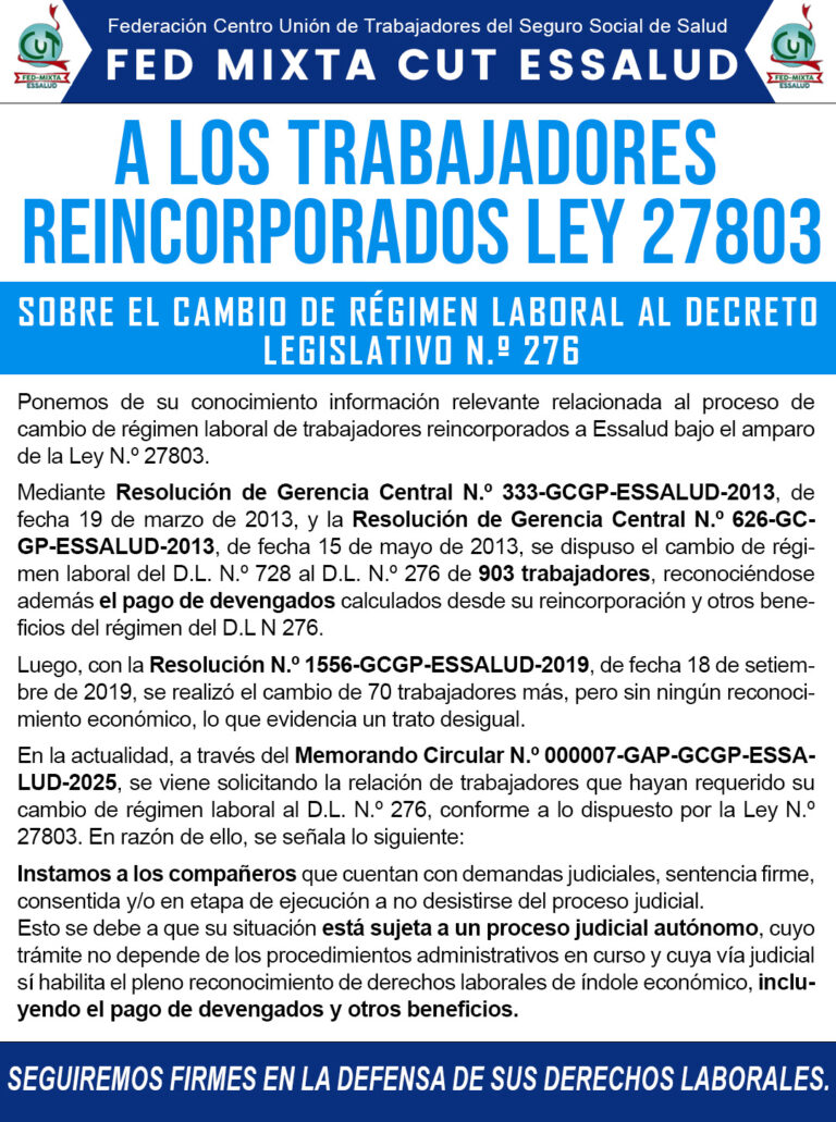 Comunicado reincorporados ley 27803